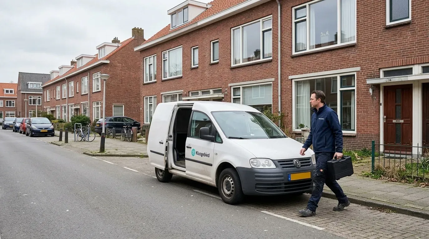 Lekdetectie bus komt aan bij een woning voor inspectie