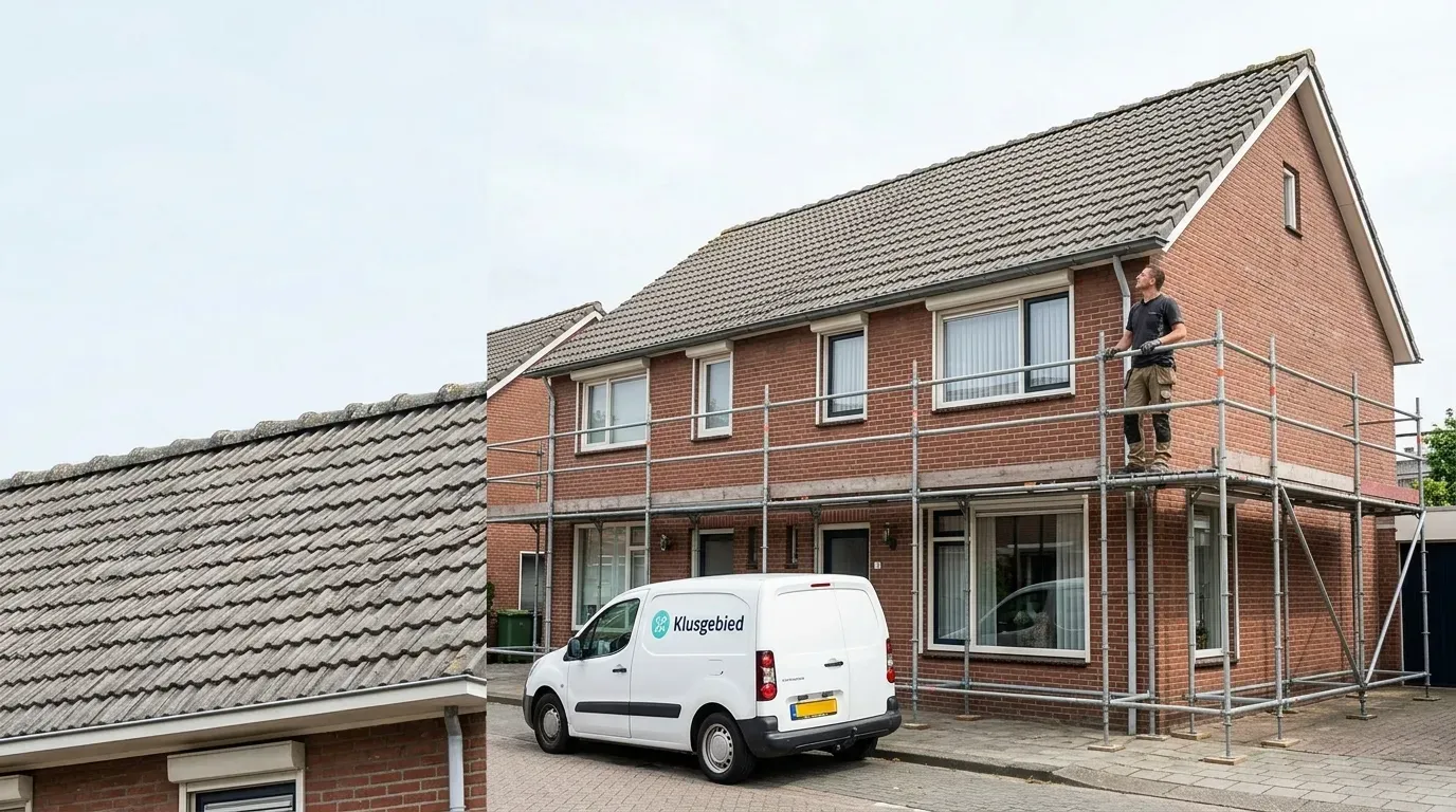 Klusgebied steigeropbouw bij woning voor inspectie en renoveren van nokvorsten