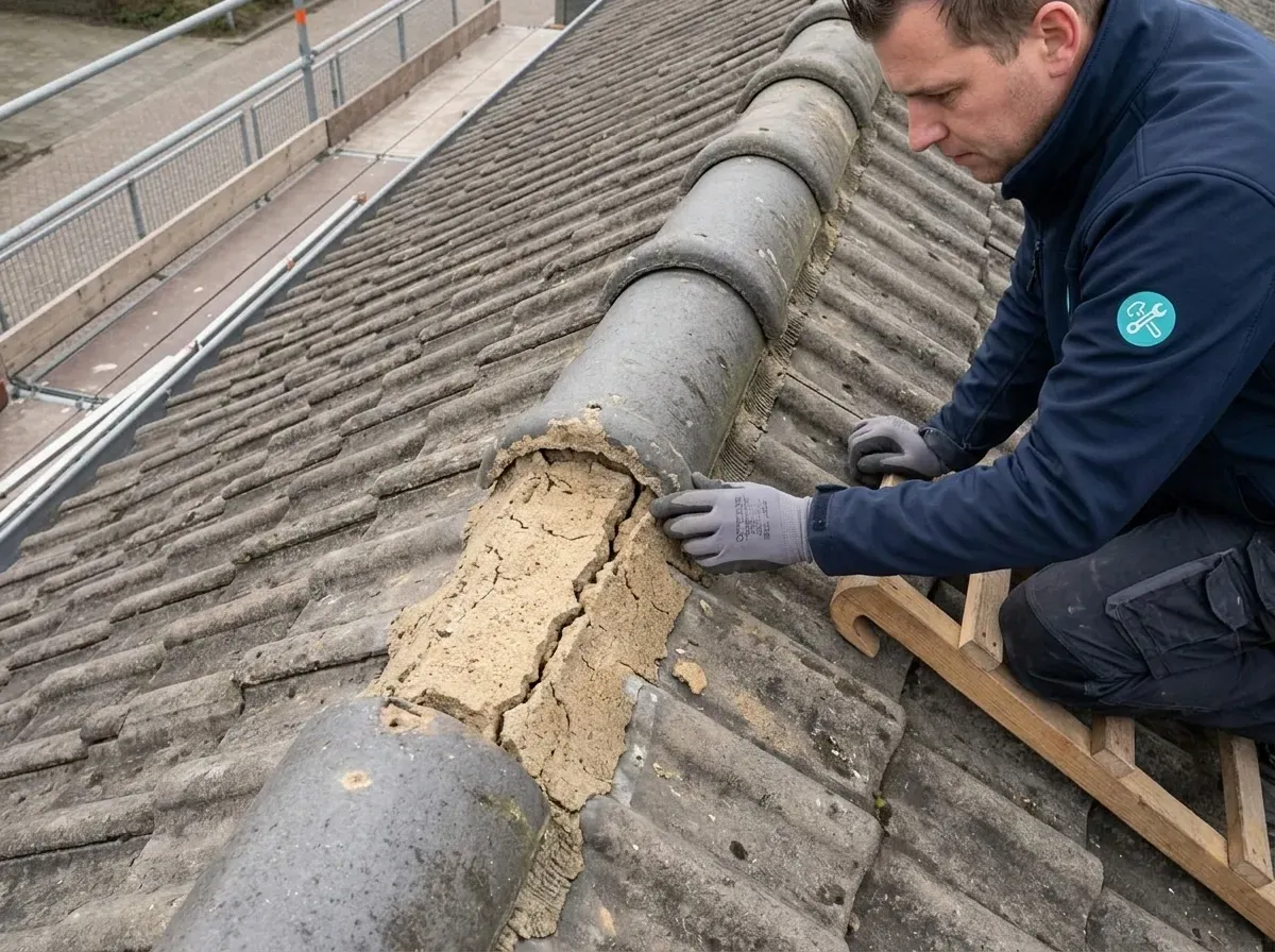Grondige inspectie van gescheurde cementmortel onder de nokvorsten door Klusgebied
