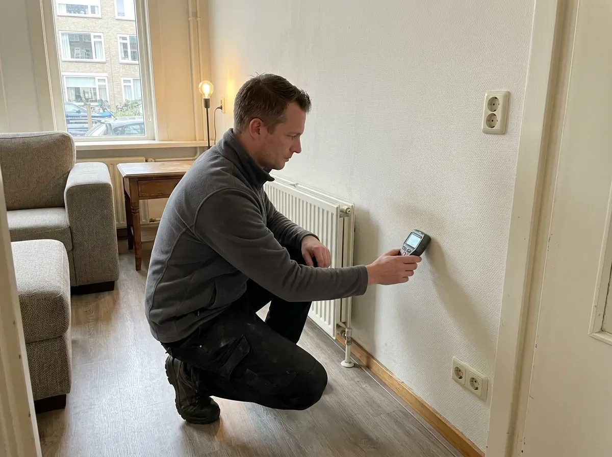 Digitale vochtmeting uitgevoerd aan een houten plint en muur