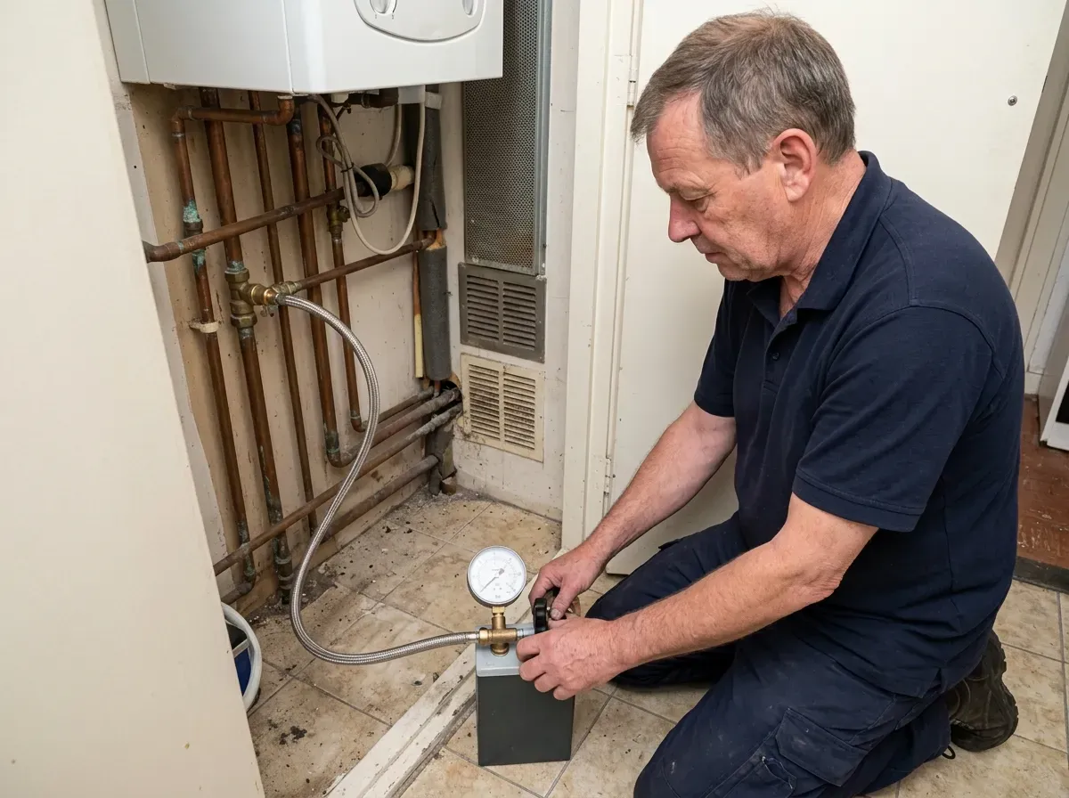 Druktest op cv-leiding met professionele manometer apparatuur