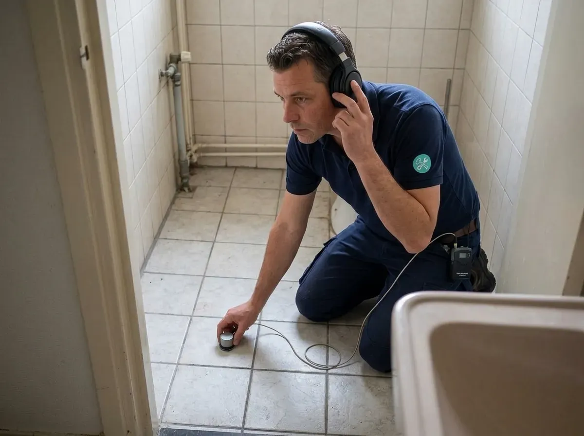 Specialist voert een akoestische ultrasoon meting uit op een vloer