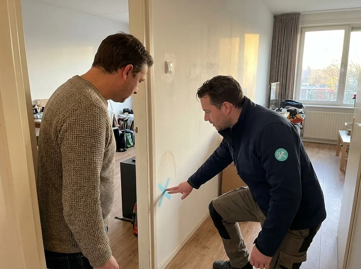 Specialist van Klusgebied markeert de exacte leklocatie op de wand en geeft toelichting aan de bewoner
