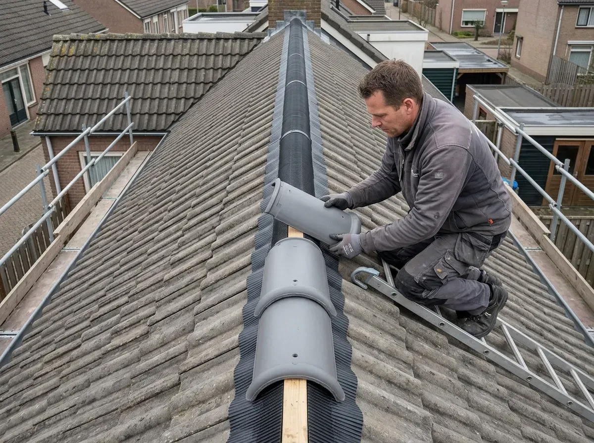 Vakman van Klusgebied monteert nieuwe stormvaste nokvorsten op de nok