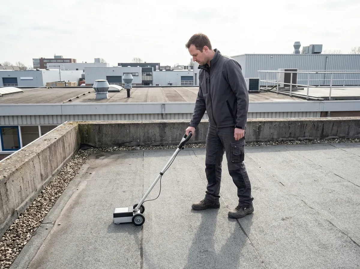 Professionele vochtscan op het EPDM membraan van een plat dak